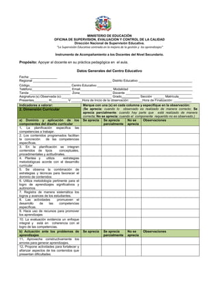 MINISTERIO DE EDUCACIÓN
OFICINA DE SUPERVISION, EVALUACION Y CONTROL DE LA CALIDAD
Dirección Nacional de Supervisión Educativa.
“La Supervisión Educativa centrada en la mejora de la gestión y los aprendizajes”
Instrumento de Acompañamiento a los Docentes del Nivel Secundario.
Propósito: Apoyar al docente en su práctica pedagógica en el aula.
Datos Generales del Centro Educativo
Fecha: _______________
Regional ____________________________________________ Distrito Educativo ______________________________
Código_______________________ Centro Educativo _____________________________________________________
Teléfono______________________ Email__________________ Modalidad ___________________________________
Tanda _______________________ Zona__________________ Docente _____________________________________
Asignatura (s) Observada (s):____________________________ Grado__________ Sección ______ Matrícula________
Presentes________ H_________ V ______Hora de Inicio de la observación: _______Hora de Finalización: __________
Indicadores a valorar: Marque con una (x) en cada columna y especifique en la observación:
(Se aprecia: cuando lo observado es realizado de manera correcto; Se
aprecia parcialmente: cuando hay parte que está realizado de manera
correcta; No se aprecia: cuando el componente requerido no es observado.)
2. Dimensión Curricular
a) Dominio y aplicación de los
componentes del diseño curricular
Se aprecia Se aprecia
parcialmente
No se
aprecia
Observaciones
1. La planificación especifica las
competencias a trabajar.
2. Los contenidos programados facilitan
la concreción de las competencias
específicas.
3. En la planificación se integran
contenidos de tipos conceptuales,
procedimentales y actitudinales.
4. Plantea y utiliza estrategias
metodológicas acorde con el desarrollo
curricular
5. Se observa la combinación de
estrategias y técnicas para favorecer el
dominio de contenidos
6. Utiliza metodología pertinente para el
logro de aprendizajes significativos y
autónomos
7. Registra de manera sistemática los
logros y avances de los estudiantes.
8. Las actividades promueven el
desarrollo de las competencias
específicas.
9. Hace uso de recursos para promover
los aprendizajes
10. La evaluación evidencia un enfoque
integral y está en coherencia con el
logro de las competencias.
b) Actuación ante los problemas de
aprendizajes
Se aprecia Se aprecia
parcialmente
No se
aprecia
Observaciones
11. Aprovecha constructivamente los
errores para generar aprendizajes.
12. Propone actividades para fortalecer y
afianzar aspectos de los contenidos que
presentan dificultades
 