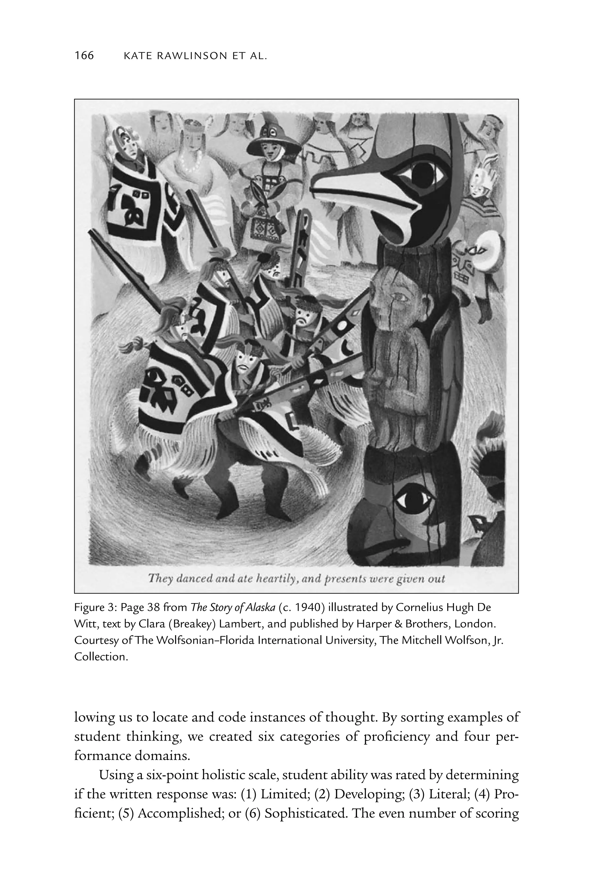 166      kATE rAW lI nS o n E T Al .




Figure 3: Page 38 from The Story of Alaska (c. 1940) illustrated by Cornelius hugh De
Witt, text by Clara (Breakey) lambert, and published by harper & Brothers, london.
Courtesy of The Wolfsonian–Florida International University, The Mitchell Wolfson, Jr.
Collection.



lowing us to locate and code instances of thought. By sorting examples of
student thinking, we created six categories of proficiency and four per-
formance domains.
     Using a six-point holistic scale, student ability was rated by determining
if the written response was: (1) Limited; (2) Developing; (3) Literal; (4) Pro-
ficient; (5) Accomplished; or (6) Sophisticated. The even number of scoring
 