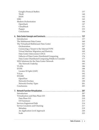 Google’s Protocol Buffers 137
Thrift 140
JSON 142
I2RS 143
Modern Orchestration 146
OpenStack 147
CloudStack 151
Puppet 153
Conclusions 156
6. Data Center Concepts and Constructs. . . . . . . . . . . . . . . . . . . . . . . . . . . . . . . . . . . . . . . . . 157
Introduction 157
The Multitenant Data Center 160
The Virtualized Multitenant Data Center 163
Orchestration 167
Connecting a Tenant to the Internet/VPN 168
Virtual Machine Migration and Elasticity 169
Data Center Interconnect (DCI) 175
Fallacies of Data Center Distributed Computing 176
Data Center Distributed Computing Pitfalls to Consider 177
SDN Solutions for the Data Center Network 184
The Network Underlay 185
VLANs 186
EVPN 188
Locator ID Split (LISP) 191
VxLan 192
NVGRE 195
OpenFlow 197
Network Overlays 199
Network Overlay Types 201
Conclusions 205
7. Network Function Virtualization. . . . . . . . . . . . . . . . . . . . . . . . . . . . . . . . . . . . . . . . . . . . . 207
Introduction 207
Virtualization and Data Plane I/O 208
Data Plane I/O 210
I/O Summary 213
Services Engineered Path 214
Service Locations and Chaining 217
Metadata 219
An Application Level Approach 220
Scale 222
Table of Contents | v
 