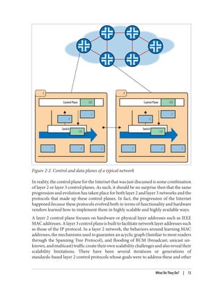 Figure 2-2. Control and data planes of a typical network
In reality, the control plane for the Internet that was just discussed is some combination
of layer 2 or layer 3 control planes. As such, it should be no surprise then that the same
progression and evolution has taken place for both layer 2 and layer 3 networks and the
protocols that made up these control planes. In fact, the progression of the Internet
happened because these protocols evolved both in terms of functionality and hardware
vendors learned how to implement them in highly scalable and highly available ways.
A layer 2 control plane focuses on hardware or physical layer addresses such as IEEE
MAC addresses. A layer 3 control plane is built to facilitate network layer addresses such
as those of the IP protocol. In a layer 2 network, the behaviors around learning MAC
addresses, the mechanisms used to guarantee an acyclic graph (familiar to most readers
through the Spanning Tree Protocol), and flooding of BUM (broadcast, unicast un‐
known, and multicast) traffic create their own scalability challenges and also reveal their
scalability limitations. There have been several iterations or generations of
standards-based layer 2 control protocols whose goals were to address these and other
What Do They Do? | 13
 