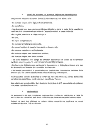 13
 Impact des absences sur le nombre de jours non travaillés (JNT)
Les périodes d’absence suivantes n’ont aucune incidence sur les droits à JNT :
- les jours de congés payés légaux et conventionnels,
- les jours fériés,
- les absences liées aux examens médicaux obligatoires dans le cadre de la surveillance
médicale de la grossesse et des suites de l’accouchement et le congé maternité,
- le congé de paternité et le congé d’adoption
- les JNT,
- les repos compensateurs,
- les jours de formation professionnelle,
- les jours d’accident de travail et de maladie professionnelle,
- les jours de maladie non professionnelle
- les jours de congés pour évènements familiaux,
- les jours de congés pour enfant malade,
- les jours d’absence pour congé de formation économique et sociale et de formation
syndicale sous réserve qu’ils soient pris dans les conditions légales.
- les heures de délégation des représentants du personnel et délégués syndicaux ainsi que
les autorisations d’absence des conseillers prud’hommes,
- les heures consacrées à la participation aux réunions des commissions paritaires de la
branche pour les salariés des structures associatives qui y sont désignés.
Pour les autres périodes d’absence le nombre de JNT sera diminué au prorata de la durée
de l’absence rapportée au nombre de jours travaillés sur l’année.
Les salariés se verront créditer d’un douzième du nombre de JNT auxquels ils ont droit pour
une année complète chaque mois.
 Rémunération
La rémunération doit tenir compte des responsabilités confiées au salarié dans le cadre de
sa fonction, des contraintes liées à son forfait ainsi que des sujétions qui lui sont imposées.
Celle-ci ne peut être inférieure au salaire minima conventionnel applicable au cadre
autonome majoré de 13% au minimum.
 