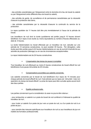21
- des activités caractérisées par l’éloignement entre le domicile et le lieu de travail du salarié
ou par l’éloignement entre différents lieux de travail du salarié,
- des activités de garde, de surveillance et de permanence caractérisées par la nécessité
d’assurer la protection des biens,
- des activités caractérisées par la nécessité d’assurer la continuité du service de la
production.
Le repos quotidien de 11 heures doit être pris immédiatement à l’issue de la période de
travail.
Les travailleurs de nuit dont la durée quotidienne est portée jusqu’à 10 heures doivent
bénéficier d’un repos d’une durée au moins équivalente au nombre d’heures effectuées au-
delà de 8 heures.
La durée hebdomadaire du travail effectuée par un travailleur de nuit, calculée sur une
période de 12 semaines consécutives, ne peut excéder 40 heures. Par dérogation, cette
durée peut être portée jusqu’à 44 heures hebdomadaires en cas de surcroît d’activité lié aux
activités de production (élevage) ou en cas de circonstances exceptionnelles.
Le repos hebdomadaire est de 24 heures consécutives.
 L'organisation des temps de pause à compléter
Tout travailleur de nuit effectuant au moins 6 heures consécutives de travail effectif de nuit
bénéficiera d’une pause rémunérée de 20 minutes.
 Compensations accordées aux salariés concernés.
Les salariés concernés par le travail de nuit bénéficient d’un repos de 15 minutes pour
chaque période de travail effectif de nuit. Il est précisé que ce repos est rémunéré mais non
assimilé à du temps de travail effectif. La prise de repos peut être cumulée après accord écrit
des deux parties.
 Egalité professionnelle.
Les parties conviennent que la considération du sexe ne pourra être retenue :
- pour embaucher un salarié à un poste de travail de nuit conférant à l’intéressé la qualité de
travailleur de nuit ;
- pour muter un salarié d’un poste de jour vers un poste de nuit, ou d’un poste de nuit à un
poste de jour ;
- pour prendre des mesures spécifiques aux travailleurs de nuit ou aux travailleurs de jour en
matière de formation professionnelle.
 