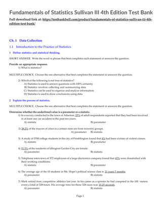 Fundamentals of Statistics Sullivan III 4th Edition Test Bank | PDF