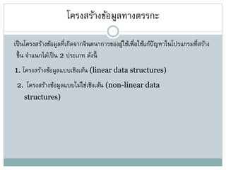 โครงสร้างข้อมูลทางตรรกะ
เป็นโครงสร้างข้อมูลที่เกิดจากจินตนาการของผู้ใช้เพื่อใช้แก้ปัญหาในโปรแกรมที่สร้าง
ขึ้น จาแนกได้เป็น 2 ประเภท ดังนี้
1. โครงสร้างข้อมูลแบบเชิงเส้น (linear data structures)
2. โครงสร้างข้อมูลแบบไม่ใช่เชิงเส้น (non-linear data
structures)
 
