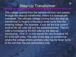 The voltage coming from the autotransformer next passes through the step-up transformer, where it is dramatically increase...