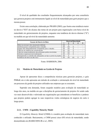 22
O nível de qualidade dos resultados frequentemente alcançados por uma consultoria
que gerencia projetos está intimamente ligado ao nível de maturidade para gerir projetos que a
mesma possui.
Existe uma correlação, elaborada por PRADO (2003), que ilustra uma tendência maior
no desvio (“XX”) de alcance das metas de um projeto para organizações com baixo nível de
maturidade em gerenciamento de projetos, enquanto esta tendência de desvio diminui (“X”)
na medida em que tal nível de maturidade aumenta:
Fonte: HARRISON, 2006
2.3. Modelos de Maturidade na Gestão de Projetos
Apesar de apresentar dicas e competências técnicas para gerenciar projetos, o guia
PMBoK em si não apresenta um método de avaliação e estruturação do nível de maturidade
em processos de gestão de projetos utilizados nas empresas que os executam.
Suprindo esta demanda, foram surgindo modelos para avaliação de maturidade ao
longo dos anos, na medida em que a disciplina de gerenciamento de projetos foi sendo cada
vez mais desenvolvida e valorizada nas organizações que entenderam os benefícios e poderes
que projetos podem agregar às suas respectivas visões estratégicas de negócio de curto à
longo prazo.
2.3.1. CMM – Capability Maturity Model
O Capability Maturity Model (CMM) é o modelo para avaliação de maturidade mais
conhecido e utilizado. Basicamente, o CMM possui cinco (05) níveis de maturidade, sendo
desmembrado em (RABECHINI JR et al., 2005):
 