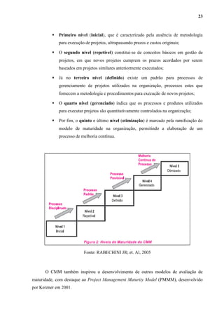 23
 Primeiro nível (inicial), que é caracterizado pela ausência de metodologia
para execução de projetos, ultrapassando prazos e custos originais;
 O segundo nível (repetível) constitui-se de conceitos básicos em gestão de
projetos, em que novos projetos cumprem os prazos acordados por serem
baseados em projetos similares anteriormente executados;
 Já no terceiro nível (definido) existe um padrão para processos de
gerenciamento de projetos utilizados na organização, processos estes que
fornecem a metodologia e procedimentos para execução de novos projetos;
 O quarto nível (gerenciado) indica que os processos e produtos utilizados
para executar projetos são quantitativamente controlados na organização;
 Por fim, o quinto e último nível (otimização) é marcado pela ramificação do
modelo de maturidade na organização, permitindo a elaboração de um
processo de melhoria contínua.
Fonte: RABECHINI JR; et. Al, 2005
O CMM também inspirou o desenvolvimento de outros modelos de avaliação de
maturidade, com destaque ao Project Management Maturity Model (PMMM), desenvolvido
por Kerzner em 2001.
 