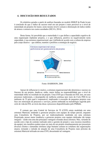 30
4. DISCUSSÃO DOS RESULTADOS
Os relatórios gerados a partir de análises baseadas no modelo MMGP de Prado levam
à conclusão de que o índice de sucesso total em um projeto é mais provável se o nível de
maturidade em projetos for maior, neste mesmo nível é comum à diminuição do índice médio
de atrasos e estouros nos custos acordados (SILVA, 2014).
Desta forma, foi percebido que a maturidade é o que define a capacidade cognitiva de
uma organização implantar projetos, e o que influencia, positiva ou negativamente nesta
capacidade, é sua estrutura organizacional, que é definida de acordo com a cultura da empresa
pelo corpo diretivo – que elabora, mantém e prolifera a estratégia do negócio.
Fonte: HARRISON, 2006
Apesar de influenciar (e muito), a estrutura organizacional não determina o sucesso ou
fracasso de um projeto, dando-se, então, maior ênfase na responsabilidade que o nível de
maturidade influi no resultado de um projeto. Uma CSTI que é baseada em ITIL tem, em seus
processos tradicionais, o desempenho de melhoria contínua (por meio do Ciclo PDCA) no
ambiente de TI pelo qual é responsável, implicando à execução de pequenos projetos com
foco em otimização de processos e serviços, porém embasada na metodologia sugerida pelo
ciclo de vida da ITIL ao invés das dicas e processos disponibilizados pelo PMBoK.
É comum que uma Central de Serviços de TI (CSTI) esteja modelada em uma
estrutura Matricial, tendendo a gerenciar projetos com equipes de tempo parcial, enquanto
uma Consultoria de Projetos, por ser tradicionalmente modelada em uma estrutura
Projetizada, possui maior tendência a gerenciar projetos com equipes dedicadas (de tempo
integral) – sendo esta uma das principais vantagens oriundas dessa estrutura. Mas, variando de
acordo com o tipo de contrato realizado entre o gerente do projeto e seus recursos (membros
da equipe), tais membros podem atuar em mais de um projeto simultaneamente por possuírem
diversos clientes e demandas similares (algo bastante comum no cotidiano das organizações
atuais), tornando o método de atuação de uma Consultoria de Projetos mais próximo da
estrutura Matricial utilizada em uma CSTI, descartando tal vantagem.
 