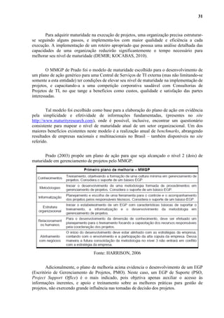 31
Para adquirir maturidade na execução de projetos, uma organização precisa estruturar-
se seguindo alguns passos, e implementa-los com maior qualidade e eficiência a cada
execução. A implementação de um roteiro apropriado que possua uma análise detalhada das
capacidades de uma organização reduzirão significantemente o tempo necessário para
melhorar seu nível de maturidade (DEMIR; KOCABAS, 2010).
O MMGP de Prado foi o modelo de maturidade escolhido para o desenvolvimento de
um plano de ação genérico para uma Central de Serviços de TI externa (mas não limitando-se
somente a esta entidade) ter condições de elevar seu nível de maturidade na implementação de
projetos, e capacitando-a a uma competição corporativa saudável com Consultorias de
Projetos de TI, no que tange a benefícios como custos, qualidade e satisfação das partes
interessadas.
Tal modelo foi escolhido como base para a elaboração do plano de ação em evidência
pela simplicidade e efetividade de informações fundamentadas, (presentes no site
http://www.maturityresearch.com), onde é possível, inclusive, encontrar um questionário
consistente para mapear o nível de maturidade atual de um setor organizacional. Um dos
maiores benefícios existentes neste modelo é a realização anual de benchmarks, abrangendo
resultados de empresas nacionais e multinacionais no Brasil – também disponíveis no site
referido.
Prado (2003) propõe um plano de ação para que seja alcançado o nível 2 (dois) de
maturidade em gerenciamento de projetos pelo MMGP:
Fonte: HARRISON, 2006
Adicionalmente, o plano de melhoria acima evidencia o desenvolvimento de um EGP
(Escritório de Gerenciamento de Projetos, PMO). Neste caso, um EGP de Suporte (PSO,
Project Support Office) é o mais indicado, pois objetiva apenas auxiliar o acesso às
informações inerentes, e apoio e treinamento sobre as melhores práticas para gestão de
projetos, não exercendo grande influência nas tomadas de decisão dos projetos.
 