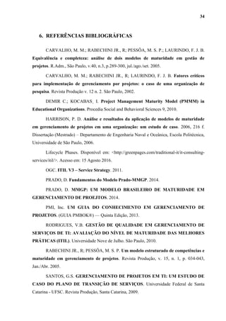 34
6. REFERÊNCIAS BIBLIOGRÁFICAS
CARVALHO, M. M.; RABECHINI JR., R; PESSÔA, M. S. P.; LAURINDO, F. J. B.
Equivalência e completeza: análise de dois modelos de maturidade em gestão de
projetos. R.Adm., São Paulo, v.40, n.3, p.289-300, jul./ago./set. 2005.
CARVALHO, M. M.; RABECHINI JR., R; LAURINDO, F. J. B. Fatores críticos
para implementação de gerenciamento por projetos: o caso de uma organização de
pesquisa. Revista Produção v. 12 n. 2. São Paulo, 2002.
DEMIR C.; KOCABAS¸ I. Project Management Maturity Model (PMMM) in
Educational Organizations. Procedia Social and Behavioral Sciences 9, 2010.
HARRISON, P. D. Análise e resultados da aplicação de modelos de maturidade
em gerenciamento de projetos em uma organização: um estudo de caso. 2006, 216 f.
Dissertação (Mestrado) – Departamento de Engenharia Naval e Oceânica, Escola Politécnica,
Universidade de São Paulo, 2006.
Lifecycle Phases. Disponível em: <http://greenpages.com/traditional-it/it-consulting-
services/itil/>. Acesso em: 15 Agosto 2016.
OGC. ITIL V3 – Service Strategy. 2011.
PRADO, D. Fundamentos do Modelo Prado-MMGP. 2014.
PRADO, D. MMGP: UM MODELO BRASILEIRO DE MATURIDADE EM
GERENCIAMENTO DE PROEJTOS. 2014.
PMI, Inc. UM GUIA DO CONHECIMENTO EM GERENCIAMENTO DE
PROJETOS. (GUIA PMBOK®) — Quinta Edição, 2013.
RODRIGUES, V.B. GESTÃO DE QUALIDADE EM GERENCIAMENTO DE
SERVIÇOS DE TI: AVALIAÇÃO DO NÍVEL DE MATURIDADE DAS MELHORES
PRÁTICAS (ITIL). Universidade Nove de Julho. São Paulo, 2010.
RABECHINI JR., R; PESSÔA, M. S. P. Um modelo estruturado de competências e
maturidade em gerenciamento de projetos. Revista Produção, v. 15, n. 1, p. 034-043,
Jan./Abr. 2005.
SANTOS, G.S. GERENCIAMENTO DE PROJETOS EM TI: UM ESTUDO DE
CASO DO PLANO DE TRANSIÇÃO DE SERVIÇOS. Universidade Federal de Santa
Catarina - UFSC. Revista Produção, Santa Catarina, 2009.
 