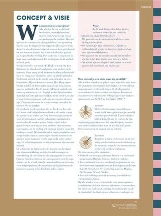 CONCLUSIE
CONCEPT & VISIE
W
aarom nieuwe concepten?
Alle scholen die we in dit boek
beschrijven, ontwikkelden hun
nieuwe onderwijsconcept vanuit
een pedagogische ambitie. Meestal
ligt aan de concepten het knagende besef ten grondslag
dat we onze leerlingen in een reguliere school geen recht
doen. De school is immers door de eeuwen heen geëvolueerd
tot een instituut waarin het systeem leidend is, gericht
op de gemiddelde leerling. Het onderwijs is nog steeds in
hoge mate aanbodgestuurd. De leerling past in dit aanbod,
of heeft pech.
In zijn inmiddels beroemde ‘TEDtalk’ noemde Sir Ken
Robinson de school een kweekplaats voor werkers in de
industrie. Deze vraag uit de industrie is allang achterhaald.
Er is nu vraag naar diversiteit: talent op allerlei gebieden.
Nederland wil zich in de wereld onderscheiden als een
kennisland. Al jaren komen er vanuit Den Haag signa-
len dat scholen de kernvakken daarom op hoog niveau
moeten aanbieden. En de laatste tijd ligt de nadruk met
name op rekenen en taal. Tegelijk maken beleidsmakers
duidelijk dat ieder talent ontwikkeld moet worden, en dat
er voor iedereen passend onderwijs georganiseerd moet
zijn. Dit is nu juist waar de schoen wringt, vertelden de
mensen die we spraken.
De een komt tot de conclusie dat we kinderen dan ook
veel meer onderwijstijd moeten bieden, de ander vestigt
de aandacht op het feit dat door bovenmatige aandacht
voor de kernvakken, andere belangrijke vaardigheden
over het hoofd worden gezien. Maar vrijwel iedere
geïnterviewde stelt dat we deze ambities alleen kunnen
waarmaken, als de leerling zelf centraal komt te staan. De
leerling centraal. Het is een beladen begrip, omdat het een
veelgebruikte term is: aanwezig in visiedocumenten van
scholen, maar vaak niet verder uitgewerkt in het onder-
wijs. De schoolorganisatie en het programma zijn meestal
leidend.
De scholen in dit boek voelen de urgentie om het kind,
zijn talentontwikkeling, welzijn, lerend vermogen en
ontwikkeling als (mede)mens, als uitgangspunt te nemen.
Daarna beredeneerden ze de consequenties voor de orga-
nisatie van de school, voor het samenstellen van het team,
voor het programma, de materialen, de faciliteiten én de
manieren waarop ze het kind dan willen volgen.
Visie
In dit boek bieden de scholen in acht
varianten onderwijs aan vanuit de
volgende, bij elkaar horende, visies:
•		We	gaan	uit	van	de	nieuwsgierigheid	en	verwon-
dering van het kind;
•		We	moeten	het	kind	vertrouwen,	vrijheid	en	
zelfstandigheid geven, en daarmee eigenaarschap
over zijn ontwikkelproces;
•		We	spannen	ons	in	om	alle	capaciteiten	en	talen-
ten die in het kind zitten, naar boven te halen;
•		Als	school	zijn	we	adaptief:	kind,	ouder	en	school	
passen zich maximaal aan elkaar aan.
Hoe vertaal je een visie naar de praktijk?
Alle scholen vertalen op geheel eigen wijze hun visie naar
een praktische uitwerking in het leerplan. De verschillende
uitgangspunten en benaderingen die de directeuren
en teamleden in hun verhalen beschrijven, kunnen we
visualiseren en ordenen met behulp van het curriculaire
spinnenweb van SLO (Van den Akker, 2003). *
Leerdoelen
De kerndoelen staan natuurlijk vast,
maar in alle concepten is een persoonlijk
ontwikkelplan leidend. Uiteraard is het
plan gekoppeld aan de doelen. Er zijn
regelmatig gesprekken over het ontwikkelplan, meestal
met ouders erbij en soms door de leerling zelf geleid.
Dit is cruciaal bij de aanpak van de scholen.
Leerinhoud
Reguliere scholen vertrouwen bij de ver-
taling van leerdoelen naar leerinhoud op
de methode, maar de beschreven scholen
werken bij voorkeur andersom.
We zien ruwweg drie varianten:
•		Vrijheid	van	bewegen	(plannen)	binnen	een	vaststaand	
programma (Digitalis, Innova, Vathorst College).
•		Een	combinatie	van	een	vaststaand	programma	en	een	
deel dat wordt bepaald vanuit de leervragen van de leer-
ling (De School, De Verwondering, Laterna Magica,
De Nieuwste School, Niekée).
•		Een	zich	volledig	vanuit	de	leervraag	ontwikkelend	
programma (Agora).
Bij alle scholen is er veel aandacht voor metacognitieve
vaardigheden als leren plannen, prioriteren, samenwerken,
het doen van onderzoek, training in methodieken (zoals
de	denkcirkel),	feedback	geven,	reflecteren,	vastleggen	en	
149
SCHOLEN OM VAN TE LEREN
 