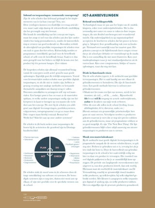 Inhoud en toepassingen: remmende voorsprong?
Zijn de acht scholen dan helemaal geslaagd in het imple-
menteren van ict in hun concept? Nou, nee.
Deze voorlopers kunnen een duidelijke ict-vraag articule-
ren, maar vaak volgt daarop de teleurstellende ontdekking
dat het gevraagde nog niet bestaat.
Het houdt de ontwikkeling van het concept niet tegen,
maar het zorgt er wel voor dat scholen aan den lijve onder-
vinden hoe lastig personaliseren is, zonder de lastenverlich-
ting te ervaren van goed werkende ict. Bovendien verleidt
de afwezigheid van geschikte toepassingen de scholen ertoe
om toch te gaan doe-het-zelven. Kleinschalig worden er
programma’s	ontwikkeld,	speciaal	voor	de	betreffende	
school,	of	zelfs	voor	de	betreffende	leraar.	Vaak	is	er	dan	
niets geregeld voor het beheer en blijft de kennis over het
product bij één persoon hangen. Zeer riskant.
De besproken scholen zijn allemaal verzamelend bezig:
vanuit de concepten wordt actief gezocht naar goede
oplossingen. Eigenlijk gaat dit redelijk ontspannen. Vooral
voor leermaterialen zoeken scholen naar geschikte digitale
toepassingen, en als die niet te vinden zijn, hebben ze
genoeg ervaring met analoge methodes en bestaande
thematische aanpakken om daarop terug te vallen.
Docenten ontwikkelen en arrangeren zelf erg veel mate-
rialen. Een lastiger punt is hoe en waar ze de materialen
opslaan, en welke andere toepassingen nodig zijn om het
leerproces in kaart te brengen op een manier die recht
doet aan het concept. We zien bij de scholen een wild-
groei aan digitale leeromgevingen, portfoliosystemen,
volgsystemen, toetsprogramma’s en ga zo maar door.
Drie vragen staan hierbij centraal: Bestaat het?
Werkt het? Sluit het aan op onze andere systemen?
De scholen in dit boek zoeken naar toepassingen die
horen bij de activiteiten die geordend zijn in Demings
kwaliteitscirkel:
De scholen zinkt de moed soms in de schoenen door de
trage ontwikkeling van software en systemen. De beno-
digde systemen zijn er nog niet, sluiten niet mooi aan op
elkaar,	of	zijn	niet	geschikt	voor	de	specifieke	wensen	van	
de school.
ICT-AANBEVELINGEN
Behoud een helikopterblik
Technologisch staan we pas aan het begin van de ontdek-
kingsreis, zeker voor onderwijsdoeleinden. Het is dus
verstandig niet vaster en vaster te raken in dure toepas-
singen,	die	niet	flexibel	meebewegen	met	veranderend	
inzicht. Op onderwijsgebied en op organisatiegebied
accepteren de beschreven scholen dat het proces in bewe-
ging is. Adopteer deze grondhouding ook voor technolo-
gie. Niemand weet namelijk waar het naartoe gaat. Het
gekozen concept en de bijbehorende koers zorgen ervoor
dat	je	als	school	per	definitie	ver	vooruitloopt	op	de	markt.	
Dat is een vaststelling die niet moet frustreren. Kies voor
marktoplossingen waar je met standaardproducten uit de
voeten kunt. Kies voor componenten, blokjes of tussen-
oplossingen, waar dat nog niet kan.
Denk in functionele eisen
Wat de acht scholen typeert, is de zoektocht naar geschikte
ict-toepassingen. Het is vaak handig om met elkaar de
gebruikerswensen te formuleren. Dit zijn de functionele
eisen. Een goede methode hiervoor is oefenen met
gebruikerswensen:
•		Maak	met	het	team	een	lijst	van	wensen,	steeds	in	het	
stramien: als (rol)..., wil ik…, zodat... Bijvoorbeeld:
Als leraar wil ik toegang tot actuele onderwijskennis,
zodat de kwaliteit van mijn werk verbetert.
•		Doe	dit	voor	alle	rollen	in	de	school	(leerling,	leraar,	
afdelingsleider, ib’er, directeur, ouder etc.)
Hieruit ontstaat een gezamenlijke prioriteitenlijst: hier
gaan we naar streven. Vervolgens worden er producten
gekozen waarvan je weet dat ze nog niet precies voldoen
aan de gebruikerswens, maar uit pragmatisme voldoen ze
zo goed mogelijk. Ze zijn ‘The Next Best Thing’. De lijst
gebruikerswensen blijft echter altijd aanwezig om nieuwe
toepassingen en producten aan te toetsen.
Maak een materialenkaart
Bij de zoektocht naar goede digitale leertoepassingen is de
pragmatische aanpak die de meeste scholen kiezen, zo gek
nog niet. Probeer te gebruiken wat er is, vervang het als je
iets vindt dat beter is. Door de hoeveelheid van gebruikte
toepassingen in de school is het vaak redelijk veilig om
hier en daar een product te vervangen. Het voordeel van
veel digitale pakketten is dat je ze onmiddellijk kunt op-
zeggen. De periode van langlopende overeenkomsten met
uitgevers is, wat deze producten betreft, dan ook voorbij.
Hiernaast staat als voorbeeld de materialenkaart van De
Verwondering, waarbij we gezamenlijk visueel maakten
welke producten, op welk leerplein, bij welk vakgebied ge-
bruikt worden. Met kleuren is aangegeven welke toepassin-
gen digitaal of analoog zijn, en welke producten voldoen.
Met een stippellijn zijn de gewenste producten gemarkeerd.
PLAN
ACT
DO
CHECK
154
SCHOLEN OM VAN TE LEREN
 