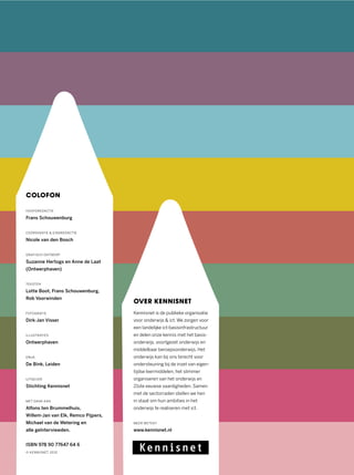 OVER KENNISNET
Kennisnet is de publieke organisatie
voor onderwijs & ict. We zorgen voor
een landelijke ict-basisinfrastructuur
en delen onze kennis met het basis-
onderwijs, voortgezet onderwijs en
middelbaar beroepsonderwijs. Het
onderwijs kan bij ons terecht voor
ondersteuning bij de inzet van eigen-
tijdse leermiddelen, het slimmer
organiseren van het onderwijs en
21ste eeuwse vaardigheden. Samen
met de sectorraden stellen we hen
in staat om hun ambities in het
onderwijs te realiseren met ict.
MEER WETEN?
www.kennisnet.nl
COLOFON
HOOFDREDACTIE
Frans Schouwenburg
COÖRDINATIE & EINDREDACTIE
Nicole van den Bosch
GRAFISCH ONTWERP
Suzanne Hertogs en Anne de Laat
(Ontwerphaven)
TEKSTEN
Lotte Boot, Frans Schouwenburg,
Rob Voorwinden
FOTOGRAFIE
Dirk-Jan Visser
ILLUSTRATIES
Ontwerphaven
DRUK
De Bink, Leiden
UITGEVER
Stichting Kennisnet
MET DANK AAN
Alfons ten Brummelhuis,
Willem-Jan van Elk, Remco Pijpers,
Michael van de Wetering en
alle geïnterviewden.
ISBN 978 90 77647 64 6
© KENNISNET 2015
 