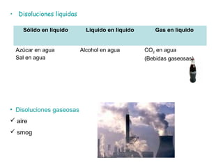 • Disoluciones liquidas
Sólido en liquido Liquido en liquido Gas en liquido
Azúcar en agua
Sal en agua
Alcohol en agua CO2 en agua
(Bebidas gaseosas)
• Disoluciones gaseosas
 aire
 smog
 