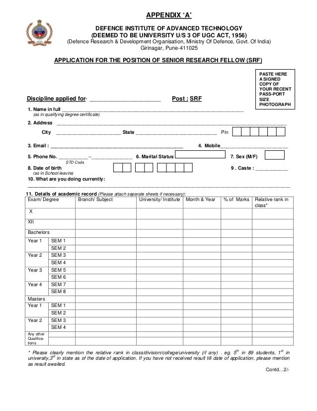 Detail advt web SRF and Application Form