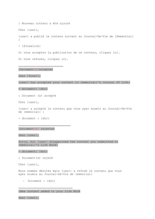 : Nouveau contenu a été ajouté

Cher {user},

{user} a publié le contenu suivant au Journal-De-Vie de {$memorial}
:

- {$viewlink}

Si vous acceptez la publication de ce contenu, cliquez ici.

Si vous refusez, cliquez ici.

-------------------------------------------
:Document(s)accepted

Dear {$user},

{user} has accepted your content to {memorial}'s Journal Of Life:

- document: {doc}

: Document (s) accepté

Cher {user},

{user} a accepté le contenu que vous ayez soumis au Journal-De-Vie
de {memorial} :

- document : {doc}

--------------------------------------------------
:Document(s) rejected

Dear {user},

Sorry, but {user} disapproved the content you submitted to
{memorial}'s Life Book:

- document: {doc}

: Document(s) rejeté

Cher {user},

Nous sommes désolés mais {user} a refusé le contenu que vous
ayez soumis au Journal-De-Vie de {memorial}

    -    Document : {doc}

----------------------------------------------------
:New content added to your Life Book

Dear {user},
 