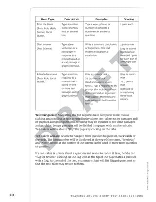 D
R
A
F
T
©NewReadersPress.Allrightsreserved.
10 T e ac h i n g adult s : a G E D ® TEST r e s o urc e b o o k
Item Type Description Examples Scoring
Fill in the blank
(Tests: RLA, Math,
Science, Social
Studies)
Type a number,
word, or phrase
into an answer
box.
Type a word, phrase, or
number to complete a
statement or answer a
question.
1 point each
Short answer
(Test: Science)
Type a few
sentences or a
paragraph in
response to a
prompt based on
a text passage or
graphic stimulus.
Write a summary, conclusion,
or hypothesis. Cite text
evidence to support a
conclusion.
3 points max
May be scored
holistically or
awarded 1 point
for each part of
a multiple-part
answer.
Extended response
(Tests: RLA, Social
Studies)
Type a written
response to a
prompt that is
based on one
or more text
passages and/or
graphic stimuli.
RLA: 45-minute task
SS: 25-minute task
Read and analyze source
text(s). Type a response to the
prompt that includes a thesis
statement and an argument
that supports the thesis and
uses evidence cited from the
text(s).
RLA: 12 points
max
SS: 7 points
max
Both will be
scored using
three-trait
rubrics.
Test Navigation: Navigating the test requires basic computer skills: mouse
clicking and scrolling. A split screen display allows test-takers to see passages and/
or graphics alongside questions. Scrolling may be required to see some passages
and graphics. Longer passages will be divided into pages with numbered tabs.
Test-takers will be able to “flip” the pages by clicking on the tabs.
Test-takers will also be able to navigate from question to question, backwards or
forwards. The item number will be displayed at the top of the screen. “Previous”
and “Next” arrows at the bottom of the screen can be used to move from question
to question.
If a test-taker is unsure about a question and wants to revisit it later, he/she can
“flag for review.” Clicking on the flag icon at the top of the page marks a question
with a flag. At the end of the test, a summary chart will list flagged questions so
that the test-taker may return to them.
 