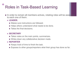 +
Roles in Task-Based Learning
 In order to remain all members actives, rotating roles will be assigned
to each one of them:
 LEADER:
 Makes sure instructions are followed.
 Helps others understand what needs to be done.
 Takes the final decisions.
 SECRETARY
 Takes notes on the main points, summarizes.
 Writes down any collaborative decision made.
 REPORTER
 Keeps track of time to finish the task.
 Exposes to other groups/reporters what their group has done so far.
 