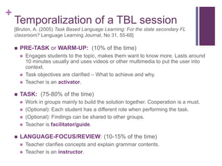 +
Temporalization of a TBL session
[Bruton, A. (2005) Task Based Language Learning: For the state secondary FL
classroom? Language Learning Journal, No 31, 55-68]
 PRE-TASK or WARM-UP: (10% of the time)
 Engages students to the topic, makes them want to know more. Lasts around
10 minutes usually and uses videos or other multimedia to put the user into
context.
 Task objectives are clarified – What to achieve and why.
 Teacher is an activator.
 TASK: (75-80% of the time)
 Work in groups mainly to build the solution together. Cooperation is a must.
 (Optional): Each student has a different role when performing the task.
 (Optional): Findings can be shared to other groups.
 Teacher is facilitator/guide.
 LANGUAGE-FOCUS/REVIEW: (10-15% of the time)
 Teacher clarifies concepts and explain grammar contents.
 Teacher is an instructor.
 