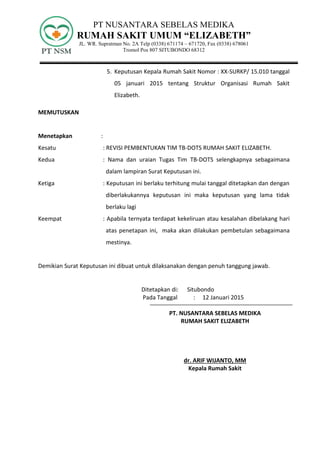 PT NUSANTARA SEBELAS MEDIKA
RUMAH SAKIT UMUM “ELIZABETH”
JL. WR. Supratman No. 2A Telp (0338) 671174 – 671720, Fax (0338) 678061
Tromol Pos 807 SITUBONDO 68312
5. Keputusan Kepala Rumah Sakit Nomor : XX-SURKP/ 15.010 tanggal
05 januari 2015 tentang Struktur Organisasi Rumah Sakit
Elizabeth.
MEMUTUSKAN
Menetapkan :
Kesatu : REVISI PEMBENTUKAN TIM TB-DOTS RUMAH SAKIT ELIZABETH.
Kedua : Nama dan uraian Tugas Tim TB-DOTS selengkapnya sebagaimana
dalam lampiran Surat Keputusan ini.
Ketiga : Keputusan ini berlaku terhitung mulai tanggal ditetapkan dan dengan
diberlakukannya keputusan ini maka keputusan yang lama tidak
berlaku lagi
Keempat : Apabila ternyata terdapat kekeliruan atau kesalahan dibelakang hari
atas penetapan ini, maka akan dilakukan pembetulan sebagaimana
mestinya.
Demikian Surat Keputusan ini dibuat untuk dilaksanakan dengan penuh tanggung jawab.
Ditetapkan di: Situbondo
Pada Tanggal : 12 Januari 2015
PT. NUSANTARA SEBELAS MEDIKA
RUMAH SAKIT ELIZABETH
dr. ARIF WIJANTO, MM
Kepala Rumah Sakit
 