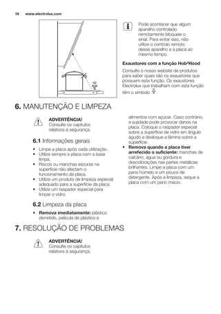 Pode acontecer que algum
aparelho controlado
remotamente bloqueie o
sinal. Para evitar isso, não
utilize o controlo remoto
desse aparelho e a placa ao
mesmo tempo.
Exaustores com a função Hob²Hood
Consulte o nosso website de produtos
para saber quais são os exaustores que
possuem esta função. Os exaustores
Electrolux que trabalham com esta função
têm o símbolo .
6. MANUTENÇÃO E LIMPEZA
ADVERTÊNCIA!
Consulte os capítulos
relativos à segurança.
6.1 Informações gerais
• Limpe a placa após cada utilização.
• Utilize sempre a placa com a base
limpa.
• Riscos ou manchas escuras na
superfície não afectam o
funcionamento da placa.
• Utilize um produto de limpeza especial
adequado para a superfície da placa.
• Utilize um raspador especial para
limpar o vidro.
6.2 Limpeza da placa
• Remova imediatamente: plástico
derretido, película de plástico e
alimentos com açúcar. Caso contrário,
a sujidade pode provocar danos na
placa. Coloque o raspador especial
sobre a superfície de vidro em ângulo
agudo e desloque a lâmina sobre a
superfície.
• Remova quando a placa tiver
arrefecido o suficiente: manchas de
calcário, água ou gordura e
descolorações nas partes metálicas
brilhantes. Limpe a placa com um
pano húmido e um pouco de
detergente. Após a limpeza, seque a
placa com um pano macio.
7. RESOLUÇÃO DE PROBLEMAS
ADVERTÊNCIA!
Consulte os capítulos
relativos à segurança.
www.electrolux.com16
 