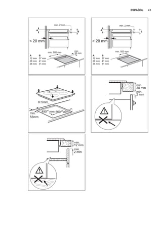 min. 2 mm
A
B
A
12 mm
28 mm
38 mm
B
57 mm
41 mm
31 mm
min
30 mmmin. 500 mm
< 20 mm > 20 mm
min. 2 mm
A
B
A
12 mm
28 mm
38 mm
B
57 mm
41 mm
31 mm
min. 500 mm
R 5mm
min.
55mm
560+1mm490+1
mm
min.
38 mm
min.
2 mm
min.
12 mm
min.
2 mm
ESPAÑOL 41
 