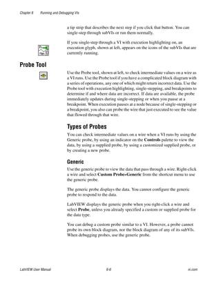 Chapter 6 Running and Debugging VIs
LabVIEW User Manual 6-6 ni.com
a tip strip that describes the next step if you click that button. You can
single-step through subVIs or run them normally.
If you single-step through a VI with execution highlighting on, an
execution glyph, shown at left, appears on the icons of the subVIs that are
currently running.
Probe Tool
Use the Probe tool, shown at left, to check intermediate values on a wire as
a VI runs. Use the Probe tool if you have a complicated block diagram with
a series of operations, any one of which might return incorrect data. Use the
Probe tool with execution highlighting, single-stepping, and breakpoints to
determine if and where data are incorrect. If data are available, the probe
immediately updates during single-stepping or when you pause at a
breakpoint. When execution pauses at a node because of single-stepping or
a breakpoint, you also can probe the wire that just executed to see the value
that flowed through that wire.
Types of Probes
You can check intermediate values on a wire when a VI runs by using the
Generic probe, by using an indicator on the Controls palette to view the
data, by using a supplied probe, by using a customized supplied probe, or
by creating a new probe.
Generic
Use the generic probe to view the data that pass through a wire. Right-click
a wire and select Custom Probe»Generic from the shortcut menu to use
the generic probe.
The generic probe displays the data. You cannot configure the generic
probe to respond to the data.
LabVIEW displays the generic probe when you right-click a wire and
select Probe, unless you already specified a custom or supplied probe for
the data type.
You can debug a custom probe similar to a VI. However, a probe cannot
probe its own block diagram, nor the block diagram of any of its subVIs.
When debugging probes, use the generic probe.
 