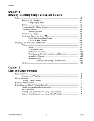 Contents
LabVIEW User Manual xii ni.com
Chapter 10
Grouping Data Using Strings, Arrays, and Clusters
Strings............................................................................................................................ 10-1
Strings on the Front Panel............................................................................... 10-2
String Display Types ........................................................................ 10-2
Tables.............................................................................................................. 10-2
Programmatically Editing Strings................................................................... 10-3
Formatting Strings........................................................................................... 10-4
Format Specifiers.............................................................................. 10-4
Numerics and Strings...................................................................................... 10-5
Converting Data to and from XML................................................................. 10-5
Using XML-Based Data Types ........................................................ 10-7
LabVIEW XML Schema.................................................................. 10-8
Grouping Data with Arrays and Clusters ...................................................................... 10-8
Arrays.............................................................................................................. 10-8
Indexes.............................................................................................. 10-8
Examples of Arrays .......................................................................... 10-9
Restrictions for Arrays...................................................................... 10-11
Creating Array Controls, Indicators, and Constants......................... 10-11
Array Index Display ......................................................................... 10-12
Array Functions ................................................................................ 10-13
Automatically Resizing Array Functions........................... 10-13
Clusters............................................................................................................ 10-14
Chapter 11
Local and Global Variables
Local Variables.............................................................................................................. 11-1
Creating Local Variables ................................................................................ 11-2
Global Variables............................................................................................................ 11-2
Creating Global Variables............................................................................... 11-2
Read and Write Variables.............................................................................................. 11-3
Using Local and Global Variables Carefully ................................................................ 11-4
Initializing Local and Global Variables.......................................................... 11-4
Race Conditions .............................................................................................. 11-4
Memory Considerations when Using Local Variables ................................... 11-5
Memory Considerations when Using Global Variables ................................. 11-5
 