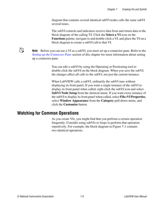 Chapter 7 Creating VIs and SubVIs
© National Instruments Corporation 7-5 LabVIEW User Manual
diagram that contains several identical subVI nodes calls the same subVI
several times.
The subVI controls and indicators receive data from and return data to the
block diagram of the calling VI. Click the Select a VI icon on the
Functions palette, navigate to and double-click a VI, and place the VI on a
block diagram to create a subVI call to that VI.
Note Before you can use a VI as a subVI, you must set up a connector pane. Refer to the
Setting up the Connector Pane section of this chapter for more information about setting
up a connector pane.
You can edit a subVI by using the Operating or Positioning tool to
double-click the subVI on the block diagram. When you save the subVI,
the changes affect all calls to the subVI, not just the current instance.
When LabVIEW calls a subVI, ordinarily the subVI runs without
displaying its front panel. If you want a single instance of the subVI to
display its front panel when called, right-click the subVI icon and select
SubVI Node Setup from the shortcut menu. If you want every instance of
the subVI to display its front panel when called, select File»VI Properties,
select Window Appearance from the Category pull-down menu, and
click the Customize button.
Watching for Common Operations
As you create VIs, you might find that you perform a certain operation
frequently. Consider using subVIs or loops to perform that operation
repetitively. For example, the block diagram in Figure 7-1 contains
two identical operations.
 
