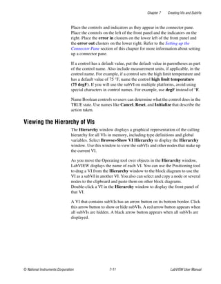 Chapter 7 Creating VIs and SubVIs
© National Instruments Corporation 7-11 LabVIEW User Manual
Place the controls and indicators as they appear in the connector pane.
Place the controls on the left of the front panel and the indicators on the
right. Place the error in clusters on the lower left of the front panel and
the error out clusters on the lower right. Refer to the Setting up the
Connector Pane section of this chapter for more information about setting
up a connector pane.
If a control has a default value, put the default value in parentheses as part
of the control name. Also include measurement units, if applicable, in the
control name. For example, if a control sets the high limit temperature and
has a default value of 75 °F, name the control high limit temperature
(75 degF). If you will use the subVI on multiple platforms, avoid using
special characters in control names. For example, use degF instead of °F.
Name Boolean controls so users can determine what the control does in the
TRUE state. Use names like Cancel, Reset, and Initialize that describe the
action taken.
Viewing the Hierarchy of VIs
The Hierarchy window displays a graphical representation of the calling
hierarchy for all VIs in memory, including type definitions and global
variables. Select Browse»Show VI Hierarchy to display the Hierarchy
window. Use this window to view the subVIs and other nodes that make up
the current VI.
As you move the Operating tool over objects in the Hierarchy window,
LabVIEW displays the name of each VI. You can use the Positioning tool
to drag a VI from the Hierarchy window to the block diagram to use the
VI as a subVI in another VI. You also can select and copy a node or several
nodes to the clipboard and paste them on other block diagrams.
Double-click a VI in the Hierarchy window to display the front panel of
that VI.
A VI that contains subVIs has an arrow button on its bottom border. Click
this arrow button to show or hide subVIs. A red arrow button appears when
all subVIs are hidden. A black arrow button appears when all subVIs are
displayed.
 