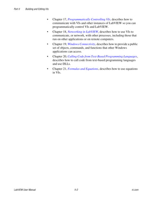 Part II Building and Editing VIs
LabVIEW User Manual II-2 ni.com
• Chapter 17, Programmatically Controlling VIs, describes how to
communicate with VIs and other instances of LabVIEW so you can
programmatically control VIs and LabVIEW.
• Chapter 18, Networking in LabVIEW, describes how to use VIs to
communicate, or network, with other processes, including those that
run on other applications or on remote computers.
• Chapter 19, Windows Connectivity, describes how to provide a public
set of objects, commands, and functions that other Windows
applications can access.
• Chapter 20, Calling Code from Text-Based Programming Languages,
describes how to call code from text-based programming languages
and use DLLs.
• Chapter 21, Formulas and Equations, describes how to use equations
in VIs.
 
