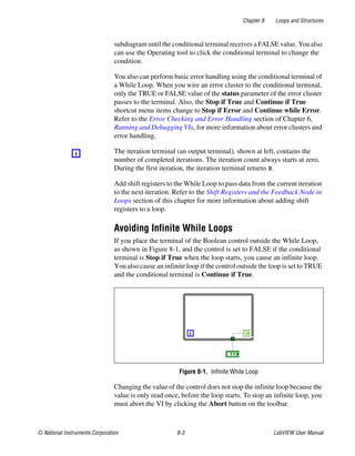 Chapter 8 Loops and Structures
© National Instruments Corporation 8-3 LabVIEW User Manual
subdiagram until the conditional terminal receives a FALSE value. You also
can use the Operating tool to click the conditional terminal to change the
condition.
You also can perform basic error handling using the conditional terminal of
a While Loop. When you wire an error cluster to the conditional terminal,
only the TRUE or FALSE value of the status parameter of the error cluster
passes to the terminal. Also, the Stop if True and Continue if True
shortcut menu items change to Stop if Error and Continue while Error.
Refer to the Error Checking and Error Handling section of Chapter 6,
Running and Debugging VIs, for more information about error clusters and
error handling.
The iteration terminal (an output terminal), shown at left, contains the
number of completed iterations. The iteration count always starts at zero.
During the first iteration, the iteration terminal returns 0.
Add shift registers to the While Loop to pass data from the current iteration
to the next iteration. Refer to the Shift Registers and the Feedback Node in
Loops section of this chapter for more information about adding shift
registers to a loop.
Avoiding Infinite While Loops
If you place the terminal of the Boolean control outside the While Loop,
as shown in Figure 8-1, and the control is set to FALSE if the conditional
terminal is Stop if True when the loop starts, you cause an infinite loop.
You also cause an infinite loop if the control outside the loop is set to TRUE
and the conditional terminal is Continue if True.
Figure 8-1. Infinite While Loop
Changing the value of the control does not stop the infinite loop because the
value is only read once, before the loop starts. To stop an infinite loop, you
must abort the VI by clicking the Abort button on the toolbar.
 