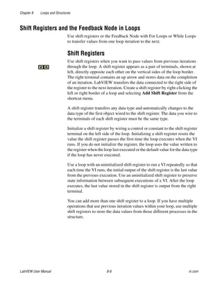 Chapter 8 Loops and Structures
LabVIEW User Manual 8-6 ni.com
Shift Registers and the Feedback Node in Loops
Use shift registers or the Feedback Node with For Loops or While Loops
to transfer values from one loop iteration to the next.
Shift Registers
Use shift registers when you want to pass values from previous iterations
through the loop. A shift register appears as a pair of terminals, shown at
left, directly opposite each other on the vertical sides of the loop border.
The right terminal contains an up arrow and stores data on the completion
of an iteration. LabVIEW transfers the data connected to the right side of
the register to the next iteration. Create a shift register by right-clicking the
left or right border of a loop and selecting Add Shift Register from the
shortcut menu.
A shift register transfers any data type and automatically changes to the
data type of the first object wired to the shift register. The data you wire to
the terminals of each shift register must be the same type.
Initialize a shift register by wiring a control or constant to the shift register
terminal on the left side of the loop. Initializing a shift register resets the
value the shift register passes the first time the loop executes when the VI
runs. If you do not initialize the register, the loop uses the value written to
the register when the loop last executed or the default value for the data type
if the loop has never executed.
Use a loop with an uninitialized shift register to run a VI repeatedly so that
each time the VI runs, the initial output of the shift register is the last value
from the previous execution. Use an uninitialized shift register to preserve
state information between subsequent executions of a VI. After the loop
executes, the last value stored in the shift register is output from the right
terminal.
You can add more than one shift register to a loop. If you have multiple
operations that use previous iteration values within your loop, use multiple
shift registers to store the data values from those different processes in the
structure.
 