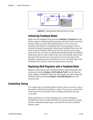 Chapter 8 Loops and Structures
LabVIEW User Manual 8-10 ni.com
Figure 8-5. Passing the Last Value Out of the For Loop
Initializing Feedback Nodes
Right-click the Feedback Node and select Initializer Terminal from the
shortcut menu to add the Initializer terminal to the loop border to initialize
the loop. When you select the Feedback Node or if you convert an
initialized shift register to a Feedback Node, the loop appears with an
Initializer terminal automatically. Initializing a Feedback Node resets the
initial value the Feedback Node passes the first time the loop executes
when the VI runs. If you do not initialize the Feedback Node, the Feedback
Node passes the last value written to the node or the default value for the
data type if the loop has never executed. If you leave the input of the
Initializer terminal unwired, each time the VI runs, the initial input of the
Feedback Node is the last value from the previous execution.
Replacing Shift Registers with a Feedback Node
Replace a shift register with a Feedback Node by right-clicking the shift
register and selecting Replace with Feedback Node from the shortcut
menu. Replace a Feedback Node with shift registers by right-clicking the
Feedback Node and selecting Replace with Shift Register from the
shortcut menu.
Controlling Timing
You might want to control the speed at which a process executes, such as
the speed at which data are plotted to a chart. You can use a wait function
in the loop to wait an amount of time in milliseconds before the loop
re-executes.
Refer to the Memory and Speed Optimization section of Chapter 6,
LabVIEW Style Guide, in the LabVIEW Development Guidelines manual
for more information about using a wait function in a loop to optimize
memory usage.
 