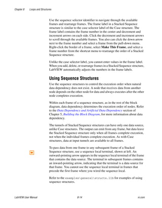 Chapter 8 Loops and Structures
LabVIEW User Manual 8-14 ni.com
Use the sequence selector identifier to navigate through the available
frames and rearrange frames. The frame label in a Stacked Sequence
structure is similar to the case selector label of the Case structure. The
frame label contains the frame number in the center and decrement and
increment arrows on each side. Click the decrement and increment arrows
to scroll through the available frames. You also can click the down arrow
next to the frame number and select a frame from the pull-down menu.
Right-click the border of a frame, select Make This Frame, and select a
frame number from the shortcut menu to rearrange the order of a Stacked
Sequence structure.
Unlike the case selector label, you cannot enter values in the frame label.
When you add, delete, or rearrange frames in a Stacked Sequence structure,
LabVIEW automatically adjusts the numbers in the frame labels.
Using Sequence Structures
Use the sequence structures to control the execution order when natural
data dependency does not exist. A node that receives data from another
node depends on the other node for data and always executes after the other
node completes execution.
Within each frame of a sequence structure, as in the rest of the block
diagram, data dependency determines the execution order of nodes. Refer
to the Data Dependency and Artificial Data Dependency section of
Chapter 5, Building the Block Diagram, for more information about data
dependency.
The tunnels of Stacked Sequence structures can have only one data source,
unlike Case structures. The output can emit from any frame, but data leave
the Stacked Sequence structure only when all frames complete execution,
not when the individual frames complete execution. As with Case
structures, data at input tunnels are available to all frames.
To pass data from one frame to any subsequent frame of a Stacked
Sequence structure, use a sequence local terminal, shown at left. An
outward-pointing arrow appears in the sequence local terminal of the frame
that contains the data source. The terminal in subsequent frames contains
an inward-pointing arrow, indicating that the terminal is a data source for
that frame. You cannot use the sequence local terminal in frames that
precede the first frame where you wired the sequence local.
Refer to the examplesgeneralstructs.llb for examples of using
sequence structures.
 