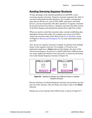 Chapter 8 Loops and Structures
© National Instruments Corporation 8-15 LabVIEW User Manual
Avoiding Overusing Sequence Structures
To take advantage of the inherent parallelism in LabVIEW, avoid
overusing sequence structures. Sequence structures guarantee the order of
execution and prohibit parallel operations. For example, asynchronous
tasks that use I/O devices, such as PXI, GPIB, serial ports, and DAQ
devices, can run concurrently with other operations if sequence structures
do not prevent them from doing so. Sequence structures also hide sections
of the block diagram and interrupt the natural left-to-right flow of data.
When you need to control the execution order, consider establishing data
dependency between the nodes. For example, you can use error I/O to
control the execution order of I/O. Refer to the Error Handling section
of Chapter 6, Running and Debugging VIs, for more information about
error I/O.
Also, do not use sequence structures to update an indicator from multiple
frames of the sequence structure. For example, a VI used in a test
application might have a Status indicator that displays the name of the
current test in progress. If each test is a subVI called from a different frame,
you cannot update the indicator from each frame, as shown by the broken
wire in the Stacked Sequence structure in Figure 8-6.
Figure 8-6. Updating an Indicator from Different Frames in a Stacked
Sequence Structure
Because all frames of a Stacked Sequence structure execute before any data
pass out of the structure, only one frame can assign a value to the Status
indicator.
Instead, use a Case structure and a While Loop, as shown in Figure 8-7.
 