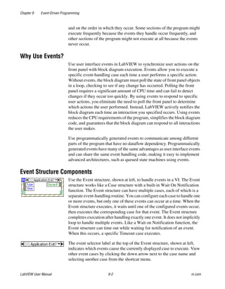 Chapter 9 Event-Driven Programming
LabVIEW User Manual 9-2 ni.com
and on the order in which they occur. Some sections of the program might
execute frequently because the events they handle occur frequently, and
other sections of the program might not execute at all because the events
never occur.
Why Use Events?
Use user interface events in LabVIEW to synchronize user actions on the
front panel with block diagram execution. Events allow you to execute a
specific event-handling case each time a user performs a specific action.
Without events, the block diagram must poll the state of front panel objects
in a loop, checking to see if any change has occurred. Polling the front
panel requires a significant amount of CPU time and can fail to detect
changes if they occur too quickly. By using events to respond to specific
user actions, you eliminate the need to poll the front panel to determine
which actions the user performed. Instead, LabVIEW actively notifies the
block diagram each time an interaction you specified occurs. Using events
reduces the CPU requirements of the program, simplifies the block diagram
code, and guarantees that the block diagram can respond to all interactions
the user makes.
Use programmatically generated events to communicate among different
parts of the program that have no dataflow dependency. Programmatically
generated events have many of the same advantages as user interface events
and can share the same event handling code, making it easy to implement
advanced architectures, such as queued state machines using events.
Event Structure Components
Use the Event structure, shown at left, to handle events in a VI. The Event
structure works like a Case structure with a built-in Wait On Notification
function. The Event structure can have multiple cases, each of which is a
separate event-handling routine. You can configure each case to handle one
or more events, but only one of these events can occur at a time. When the
Event structure executes, it waits until one of the configured events occur,
then executes the corresponding case for that event. The Event structure
completes execution after handling exactly one event. It does not implicitly
loop to handle multiple events. Like a Wait on Notification function, the
Event structure can time out while waiting for notification of an event.
When this occurs, a specific Timeout case executes.
The event selector label at the top of the Event structure, shown at left,
indicates which events cause the currently displayed case to execute. View
other event cases by clicking the down arrow next to the case name and
selecting another case from the shortcut menu.
 
