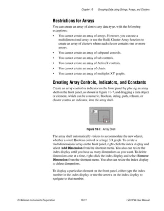 Chapter 10 Grouping Data Using Strings, Arrays, and Clusters
© National Instruments Corporation 10-11 LabVIEW User Manual
Restrictions for Arrays
You can create an array of almost any data type, with the following
exceptions:
• You cannot create an array of arrays. However, you can use a
multidimensional array or use the Build Cluster Array function to
create an array of clusters where each cluster contains one or more
arrays.
• You cannot create an array of subpanel controls.
• You cannot create an array of tab controls.
• You cannot create an array of ActiveX controls.
• You cannot create an array of charts.
• You cannot create an array of multiplot XY graphs.
Creating Array Controls, Indicators, and Constants
Create an array control or indicator on the front panel by placing an array
shell on the front panel, as shown in Figure 10-7, and dragging a data object
or element, which can be a numeric, Boolean, string, path, refnum, or
cluster control or indicator, into the array shell.
Figure 10-7. Array Shell
The array shell automatically resizes to accommodate the new object,
whether a small Boolean control or a large 3D graph. To create a
multidimensional array on the front panel, right-click the index display and
select Add Dimension from the shortcut menu. You also can resize the
index display until you have as many dimensions as you want. To delete
dimensions one at a time, right-click the index display and select Remove
Dimension from the shortcut menu. You also can resize the index display
to delete dimensions.
To display a particular element on the front panel, either type the index
number in the index display or use the arrows on the index display to
navigate to that number.
 
