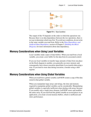 Chapter 11 Local and Global Variables
© National Instruments Corporation 11-5 LabVIEW User Manual
Figure 11-1. Race Condition
The output of this VI depends on the order in which the operations run.
Because there is no data dependency between the two operations, there is
no way to determine which runs first. To avoid race conditions, do not write
to the same variable you read from. Refer to the Data Dependency and
Artificial Data Dependency section of Chapter 5, Building the Block
Diagram, for more information about data dependency.
Memory Considerations when Using Local Variables
Local variables make copies of data buffers. When you read from a local
variable, you create a new buffer for the data from its associated control.
If you use local variables to transfer large amounts of data from one place
on the block diagram to another, you generally use more memory and,
consequently, have slower execution speed than if you transfer data using a
wire. If you need to store data during execution, consider using a shift
register.
Memory Considerations when Using Global Variables
When you read from a global variable, LabVIEW creates a copy of the data
stored in that global variable.
When you manipulate large arrays and strings, the time and memory
required to manipulate global variables can be considerable. Manipulating
global variables is especially inefficient when dealing with arrays because
if you modify only a single array element, LabVIEW stores and modifies
the entire array. If you read from the global variable in several places in an
application, you create several memory buffers, which is inefficient and
slows performance.
 