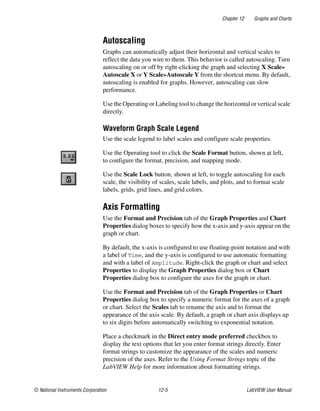 Chapter 12 Graphs and Charts
© National Instruments Corporation 12-5 LabVIEW User Manual
Autoscaling
Graphs can automatically adjust their horizontal and vertical scales to
reflect the data you wire to them. This behavior is called autoscaling. Turn
autoscaling on or off by right-clicking the graph and selecting X Scale»
Autoscale X or Y Scale»Autoscale Y from the shortcut menu. By default,
autoscaling is enabled for graphs. However, autoscaling can slow
performance.
Use the Operating or Labeling tool to change the horizontal or vertical scale
directly.
Waveform Graph Scale Legend
Use the scale legend to label scales and configure scale properties.
Use the Operating tool to click the Scale Format button, shown at left,
to configure the format, precision, and mapping mode.
Use the Scale Lock button, shown at left, to toggle autoscaling for each
scale, the visibility of scales, scale labels, and plots, and to format scale
labels, grids, grid lines, and grid colors.
Axis Formatting
Use the Format and Precision tab of the Graph Properties and Chart
Properties dialog boxes to specify how the x-axis and y-axis appear on the
graph or chart.
By default, the x-axis is configured to use floating-point notation and with
a label of Time, and the y-axis is configured to use automatic formatting
and with a label of Amplitude. Right-click the graph or chart and select
Properties to display the Graph Properties dialog box or Chart
Properties dialog box to configure the axes for the graph or chart.
Use the Format and Precision tab of the Graph Properties or Chart
Properties dialog box to specify a numeric format for the axes of a graph
or chart. Select the Scales tab to rename the axis and to format the
appearance of the axis scale. By default, a graph or chart axis displays up
to six digits before automatically switching to exponential notation.
Place a checkmark in the Direct entry mode preferred checkbox to
display the text options that let you enter format strings directly. Enter
format strings to customize the appearance of the scales and numeric
precision of the axes. Refer to the Using Format Strings topic of the
LabVIEW Help for more information about formatting strings.
 