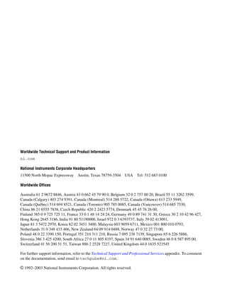 Support
Worldwide Technical Support and Product Information
ni.com
National Instruments Corporate Headquarters
11500 North Mopac Expressway Austin, Texas 78759-3504 USA Tel: 512 683 0100
Worldwide Offices
Australia 61 2 9672 8846, Austria 43 0 662 45 79 90 0, Belgium 32 0 2 757 00 20, Brazil 55 11 3262 3599,
Canada (Calgary) 403 274 9391, Canada (Montreal) 514 288 5722, Canada (Ottawa) 613 233 5949,
Canada (Québec) 514 694 8521, Canada (Toronto) 905 785 0085, Canada (Vancouver) 514 685 7530,
China 86 21 6555 7838, Czech Republic 420 2 2423 5774, Denmark 45 45 76 26 00,
Finland 385 0 9 725 725 11, France 33 0 1 48 14 24 24, Germany 49 0 89 741 31 30, Greece 30 2 10 42 96 427,
Hong Kong 2645 3186, India 91 80 51190000, Israel 972 0 3 6393737, Italy 39 02 413091,
Japan 81 3 5472 2970, Korea 82 02 3451 3400, Malaysia 603 9059 6711, Mexico 001 800 010 0793,
Netherlands 31 0 348 433 466, New Zealand 64 09 914 0488, Norway 47 0 32 27 73 00,
Poland 48 0 22 3390 150, Portugal 351 210 311 210, Russia 7 095 238 7139, Singapore 65 6 226 5886,
Slovenia 386 3 425 4200, South Africa 27 0 11 805 8197, Spain 34 91 640 0085, Sweden 46 0 8 587 895 00,
Switzerland 41 56 200 51 51, Taiwan 886 2 2528 7227, United Kingdom 44 0 1635 523545
For further support information, refer to the Technical Support and Professional Services appendix. To comment
on the documentation, send email to techpubs@ni.com.
© 1992–2003 National Instruments Corporation. All rights reserved.
 