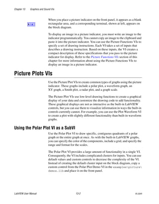Chapter 13 Graphics and Sound VIs
LabVIEW User Manual 13-2 ni.com
When you place a picture indicator on the front panel, it appears as a blank
rectangular area, and a corresponding terminal, shown at left, appears on
the block diagram.
To display an image in a picture indicator, you must write an image to the
indicator programmatically. You cannot copy an image to the clipboard and
paste it into the picture indicator. You can use the Picture Functions VIs to
specify a set of drawing instructions. Each VI takes a set of inputs that
describes a drawing instruction. Based on these inputs, the VI creates a
compact description of these specifications that you pass to the picture
indicator for display. Refer to the Picture Functions VIs section of this
chapter for more information about using the Picture Functions VIs to
display an image in a picture indicator.
Picture Plots VIs
Use the Picture Plot VIs to create common types of graphs using the picture
indicator. These graphs include a polar plot, a waveform graph, an
XY graph, a Smith plot, a radar plot, and a graph scale.
The Picture Plot VIs use low-level drawing functions to create a graphical
display of your data and customize the drawing code to add functionality.
These graphical displays are not as interactive as the built-in LabVIEW
controls, but you can use them to visualize information in ways the built-in
controls currently cannot. For example, you can use the Plot Waveform VI
to create a plot with slightly different functionality than built-in waveform
graphs.
Using the Polar Plot VI as a SubVI
Use the Polar Plot VI to draw specific, contiguous quadrants of a polar
graph or the entire graph at once. As with the built-in LabVIEW graphs,
you can specify the color of the components, include a grid, and specify the
range and format for the scales.
The Polar Plot VI provides a large amount of functionality in a single VI.
Consequently, the VI includes complicated clusters for inputs. You can use
default values and custom controls to decrease the complexity of the VI.
Instead of creating the default cluster input on the block diagram, copy a
custom control from the Polar Plot Demo VI in the examplespicture
demos.llb and place it on the front panel.
 