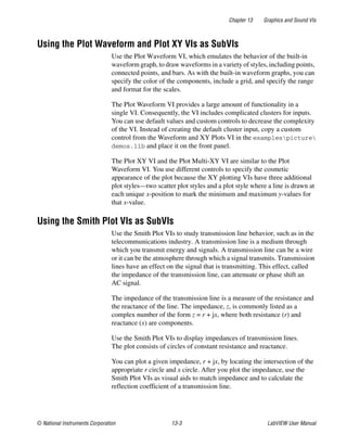 Chapter 13 Graphics and Sound VIs
© National Instruments Corporation 13-3 LabVIEW User Manual
Using the Plot Waveform and Plot XY VIs as SubVIs
Use the Plot Waveform VI, which emulates the behavior of the built-in
waveform graph, to draw waveforms in a variety of styles, including points,
connected points, and bars. As with the built-in waveform graphs, you can
specify the color of the components, include a grid, and specify the range
and format for the scales.
The Plot Waveform VI provides a large amount of functionality in a
single VI. Consequently, the VI includes complicated clusters for inputs.
You can use default values and custom controls to decrease the complexity
of the VI. Instead of creating the default cluster input, copy a custom
control from the Waveform and XY Plots VI in the examplespicture
demos.llb and place it on the front panel.
The Plot XY VI and the Plot Multi-XY VI are similar to the Plot
Waveform VI. You use different controls to specify the cosmetic
appearance of the plot because the XY plotting VIs have three additional
plot styles—two scatter plot styles and a plot style where a line is drawn at
each unique x-position to mark the minimum and maximum y-values for
that x-value.
Using the Smith Plot VIs as SubVIs
Use the Smith Plot VIs to study transmission line behavior, such as in the
telecommunications industry. A transmission line is a medium through
which you transmit energy and signals. A transmission line can be a wire
or it can be the atmosphere through which a signal transmits. Transmission
lines have an effect on the signal that is transmitting. This effect, called
the impedance of the transmission line, can attenuate or phase shift an
AC signal.
The impedance of the transmission line is a measure of the resistance and
the reactance of the line. The impedance, z, is commonly listed as a
complex number of the form z = r + jx, where both resistance (r) and
reactance (x) are components.
Use the Smith Plot VIs to display impedances of transmission lines.
The plot consists of circles of constant resistance and reactance.
You can plot a given impedance, r + jx, by locating the intersection of the
appropriate r circle and x circle. After you plot the impedance, use the
Smith Plot VIs as visual aids to match impedance and to calculate the
reflection coefficient of a transmission line.
 