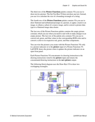 Chapter 13 Graphics and Sound VIs
© National Instruments Corporation 13-5 LabVIEW User Manual
The third row of the Picture Functions palette contains VIs you use to
draw text in a picture. The Get Text Rect VI does not draw any text. Instead,
you use it to calculate the size of a bounding rectangle of a string.
The fourth row of the Picture Functions palette contains VIs you use to
draw flattened and unflattened pixmaps in a picture, to apply a mask to an
image, to obtain a subset of a source image, and to convert a picture data
type to a flattened image data cluster.
The last row of the Picture Functions palette contains the empty picture
constant, which you use when you need to start with or make changes to an
empty picture. The last row of the palette also contains VIs you use to
convert red, green, and blue values to the corresponding RGB color and to
convert a color to its respective red, green, and blue components.
You can wire the pictures you create with the Picture Functions VIs only
to a picture indicator or to the picture input of a Picture Functions VI.
LabVIEW draws the picture when it updates the picture indicator on an
open front panel.
Each Picture Functions VI concatenates its drawing instruction to the
drawing instructions wired to the picture input and returns the
concatenated drawing instructions in the new picture output.
The following block diagram uses the Draw Rect VI to draw two
overlapping rectangles.
 