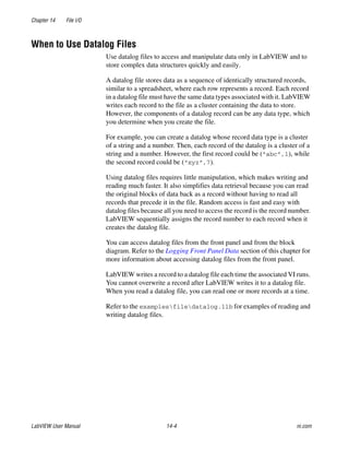 Chapter 14 File I/O
LabVIEW User Manual 14-4 ni.com
When to Use Datalog Files
Use datalog files to access and manipulate data only in LabVIEW and to
store complex data structures quickly and easily.
A datalog file stores data as a sequence of identically structured records,
similar to a spreadsheet, where each row represents a record. Each record
in a datalog file must have the same data types associated with it. LabVIEW
writes each record to the file as a cluster containing the data to store.
However, the components of a datalog record can be any data type, which
you determine when you create the file.
For example, you can create a datalog whose record data type is a cluster
of a string and a number. Then, each record of the datalog is a cluster of a
string and a number. However, the first record could be (“abc”,1), while
the second record could be (“xyz”,7).
Using datalog files requires little manipulation, which makes writing and
reading much faster. It also simplifies data retrieval because you can read
the original blocks of data back as a record without having to read all
records that precede it in the file. Random access is fast and easy with
datalog files because all you need to access the record is the record number.
LabVIEW sequentially assigns the record number to each record when it
creates the datalog file.
You can access datalog files from the front panel and from the block
diagram. Refer to the Logging Front Panel Data section of this chapter for
more information about accessing datalog files from the front panel.
LabVIEW writes a record to a datalog file each time the associated VI runs.
You cannot overwrite a record after LabVIEW writes it to a datalog file.
When you read a datalog file, you can read one or more records at a time.
Refer to the examplesfiledatalog.llb for examples of reading and
writing datalog files.
 