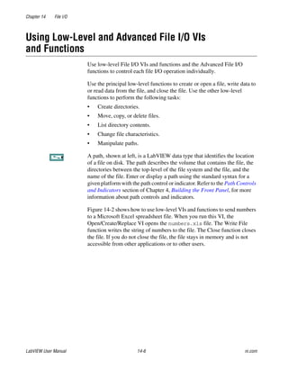 Chapter 14 File I/O
LabVIEW User Manual 14-6 ni.com
Using Low-Level and Advanced File I/O VIs
and Functions
Use low-level File I/O VIs and functions and the Advanced File I/O
functions to control each file I/O operation individually.
Use the principal low-level functions to create or open a file, write data to
or read data from the file, and close the file. Use the other low-level
functions to perform the following tasks:
• Create directories.
• Move, copy, or delete files.
• List directory contents.
• Change file characteristics.
• Manipulate paths.
A path, shown at left, is a LabVIEW data type that identifies the location
of a file on disk. The path describes the volume that contains the file, the
directories between the top-level of the file system and the file, and the
name of the file. Enter or display a path using the standard syntax for a
given platform with the path control or indicator. Refer to the Path Controls
and Indicators section of Chapter 4, Building the Front Panel, for more
information about path controls and indicators.
Figure 14-2 shows how to use low-level VIs and functions to send numbers
to a Microsoft Excel spreadsheet file. When you run this VI, the
Open/Create/Replace VI opens the numbers.xls file. The Write File
function writes the string of numbers to the file. The Close function closes
the file. If you do not close the file, the file stays in memory and is not
accessible from other applications or to other users.
 