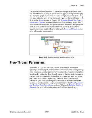 Chapter 14 File I/O
© National Instruments Corporation 14-11 LabVIEW User Manual
The Read Waveform from File VI also reads multiple waveforms from a
file. The VI returns an array of waveform data types, which you can display
in a multiplot graph. If you want to access a single waveform from a file,
you must index the array of waveform data types, as shown in Figure 14-5.
Refer to the Arrays section of Chapter 10, Grouping Data Using Strings,
Arrays, and Clusters, for more information about indexing arrays. The VI
accesses a file that includes multiple waveforms. The Index Array function
reads the first and third waveforms in the file and plots them on two
separate waveform graphs. Refer to Chapter 8, Loops and Structures, for
more information about graphs.
Figure 14-5. Reading Multiple Waveforms from a File
Flow-Through Parameters
Many File I/O VIs and functions contain flow-through parameters,
typically a refnum or path, that return the same value as the corresponding
input parameter. Use these parameters to control the execution order of the
functions. By wiring the flow-through output of the first node you want to
execute to the corresponding input of the next node you want to execute,
you create artificial data dependency. Without these flow-through
parameters, you have to use sequence structures to ensure that file I/O
operations take place in the order you want. Refer to the Data Dependency
and Artificial Data Dependency section of Chapter 5, Building the Block
Diagram, for more information about artificial data dependency.
 