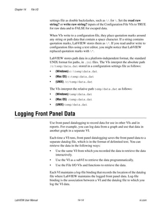 Chapter 14 File I/O
LabVIEW User Manual 14-14 ni.com
settings file as double backslashes, such as  for . Set the read raw
string? or write raw string? inputs of the Configuration File VIs to TRUE
for raw data and to FALSE for escaped data.
When VIs write to a configuration file, they place quotation marks around
any string or path data that contain a space character. If a string contains
quotation marks, LabVIEW stores them as ". If you read and/or write to
configuration files using a text editor, you might notice that LabVIEW
replaced quotation marks with ".
LabVIEW stores path data in a platform-independent format, the standard
UNIX format for paths, in .ini files. The VIs interpret the absolute path
/c/temp/data.dat stored in a configuration settings file as follows:
• (Windows) c:tempdata.dat
• (Mac OS) c:temp:data.dat
• (UNIX) /c/temp/data.dat
The VIs interpret the relative path temp/data.dat as follows:
• (Windows) tempdata.dat
• (Mac OS) :temp:data.dat
• (UNIX) temp/data.dat
Logging Front Panel Data
Use front panel datalogging to record data for use in other VIs and in
reports. For example, you can log data from a graph and use that data in
another graph in a separate VI.
Each time a VI runs, front panel datalogging saves the front panel data to a
separate datalog file, which is in the format of delimited text. You can
retrieve the data in the following ways:
• Use the same VI from which you recorded the data to retrieve the data
interactively.
• Use the VI as a subVI to retrieve the data programmatically.
• Use the File I/O VIs and functions to retrieve the data.
Each VI maintains a log-file binding that records the location of the datalog
file where LabVIEW maintains the logged front panel data. Log-file
binding is the association between a VI and the datalog file to which you
log the VI data.
 
