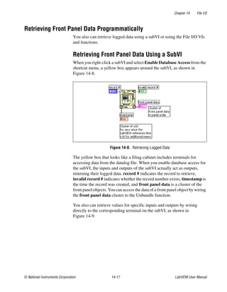 Chapter 14 File I/O
© National Instruments Corporation 14-17 LabVIEW User Manual
Retrieving Front Panel Data Programmatically
You also can retrieve logged data using a subVI or using the File I/O VIs
and functions.
Retrieving Front Panel Data Using a SubVI
When you right-click a subVI and select Enable Database Access from the
shortcut menu, a yellow box appears around the subVI, as shown in
Figure 14-8.
Figure 14-8. Retrieving Logged Data
The yellow box that looks like a filing cabinet includes terminals for
accessing data from the datalog file. When you enable database access for
the subVI, the inputs and outputs of the subVI actually act as outputs,
returning their logged data. record # indicates the record to retrieve,
invalid record # indicates whether the record number exists, timestamp is
the time the record was created, and front panel data is a cluster of the
front panel objects. You can access the data of a front panel object by wiring
the front panel data cluster to the Unbundle function.
You also can retrieve values for specific inputs and outputs by wiring
directly to the corresponding terminal on the subVI, as shown in
Figure 14-9.
 
