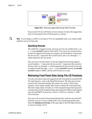 Chapter 14 File I/O
LabVIEW User Manual 14-18 ni.com
Figure 14-9. Retrieving Logged Data through SubVI Terminals
If you run the VI, the subVI does not run. Instead, it returns the logged data
from its front panel to the VI front panel as a cluster.
Note If you display a subVI or an Express VI as an expandable node, you cannot enable
database access for that node.
Specifying Records
The subVI has n logged records, and you can wire any number from –n to
n – 1 to the record # terminal of the subVI. You can access records relative
to the first logged record using non-negative record numbers. 0 represents
the first record, 1 represents the second record, and so on, through n – 1,
which represents the last record.
You can access records relative to the last logged record using negative
record numbers. –1 represents the last record, –2 represents the second to
the last, and so on, through –n, which represents the first record. If you wire
a number outside the range –n to n – 1 to the record # terminal, the invalid
record # output is TRUE, and the subVI retrieves no data.
Retrieving Front Panel Data Using File I/O Functions
You also can retrieve data you logged from the front panel by using File I/O
VIs and functions, such as the Read File function. The data type of each
record in the front panel datalog file creates two clusters. One cluster
contains a time stamp, and the other cluster contains the front panel data.
The time stamp cluster includes an 32-bit unsigned integer that represents
seconds and an 16-bit unsigned integer that represents milliseconds elapsed
since the LabVIEW system time, which is 12:00 a.m., January 1, 1904,
Universal time.
You access the records of front panel datalog files with the same File I/O
functions you use to access datalog files you created programmatically.
Enter the datalog record type as the type input to the File Open function,
as shown in Figure 14-10.
 